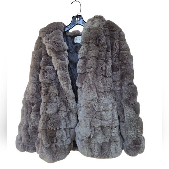 Gray Yves Salomon Rex rabbit balloon sleeve fur coat Size 36 - Picture 2 of 5